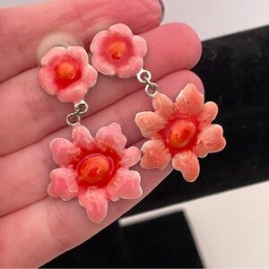 Vintage 90's Heavy Pink Enamel Floral Spring Barbie Core Star Marked Earrings